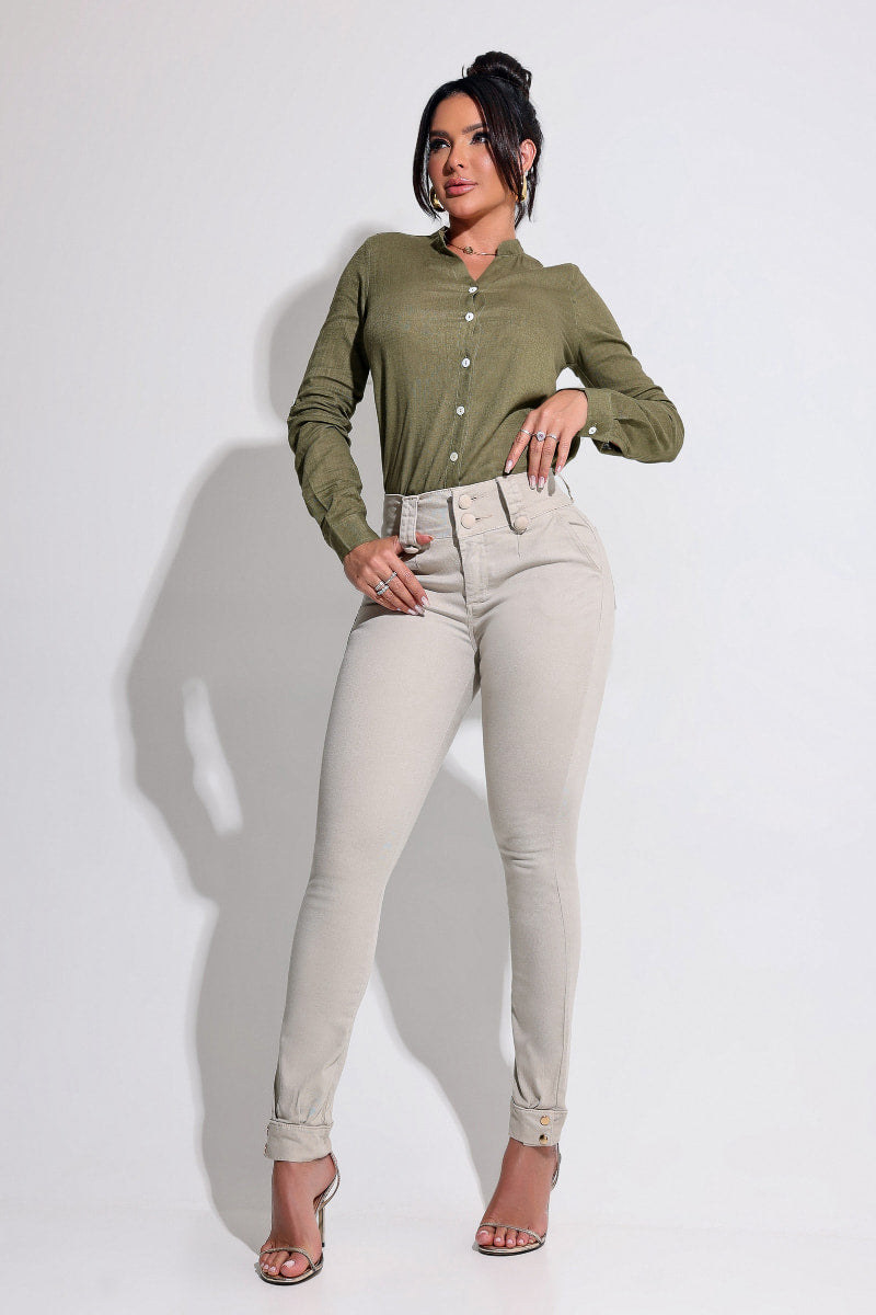 Calça Bege Feminina Modeladora Que Não Marca Empina Bumbum JEB94