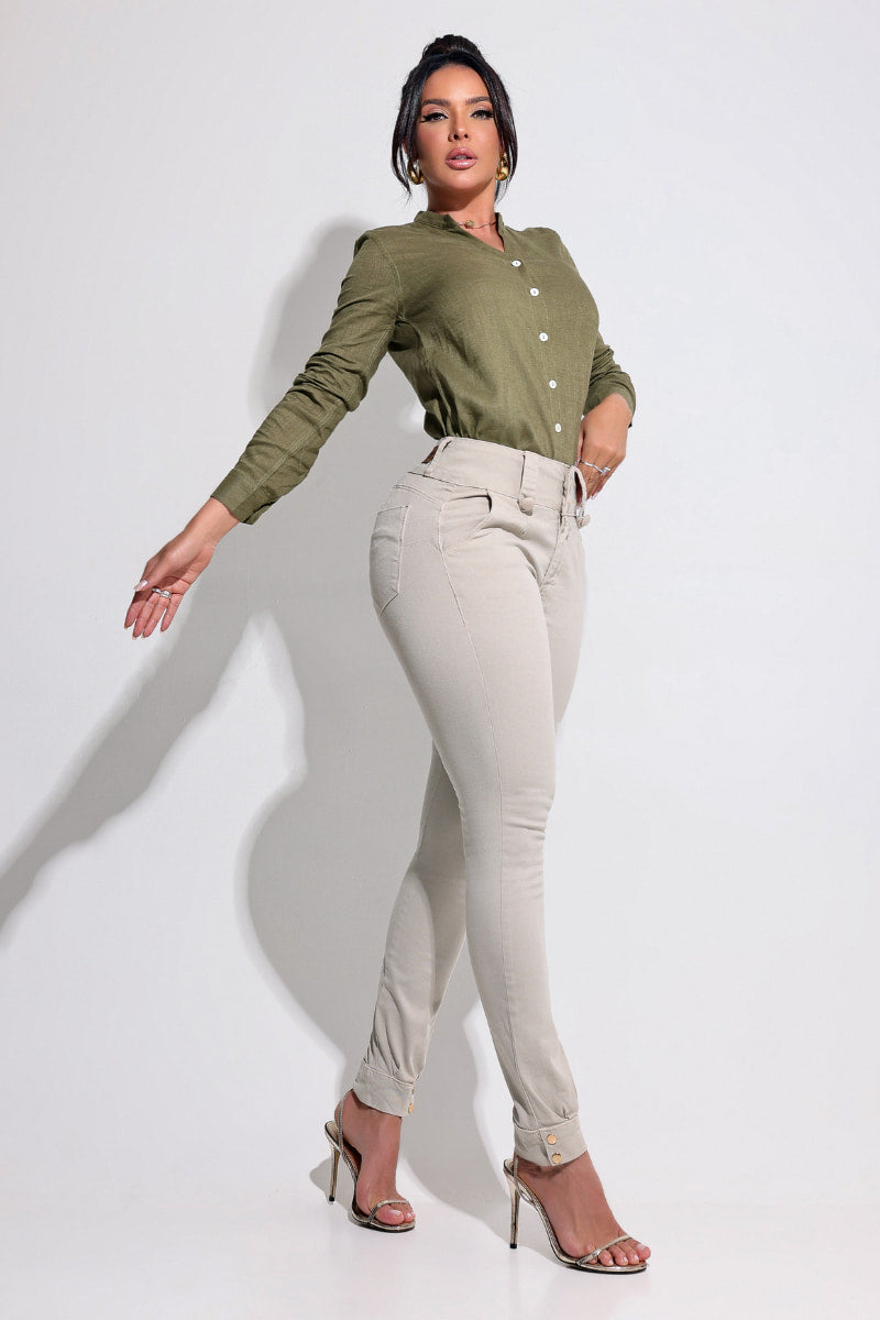 Calça Bege Feminina Modeladora Que Não Marca Empina Bumbum JEB94