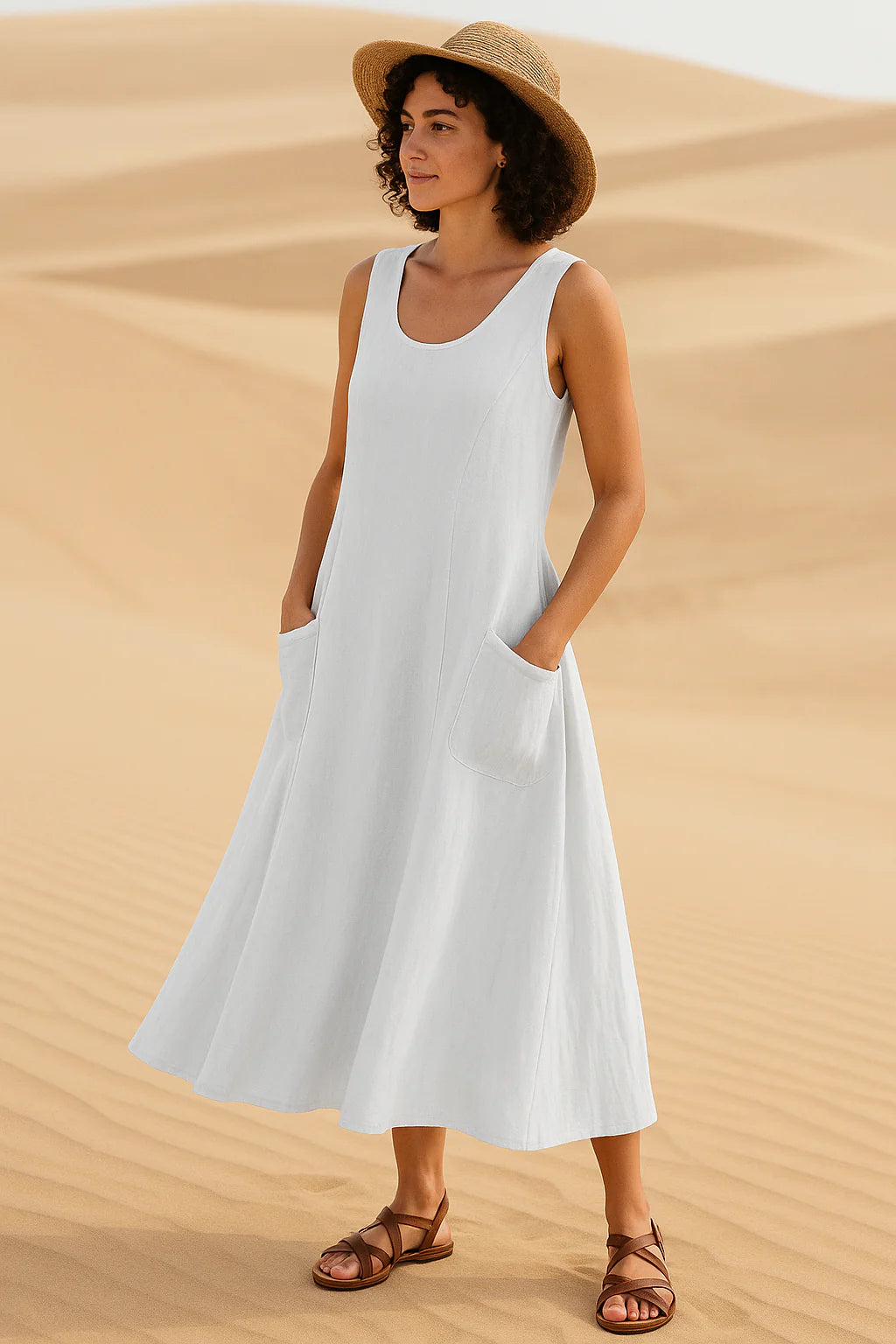 Vestido Isadora Midi sem Mangas e Bolsos Frontais