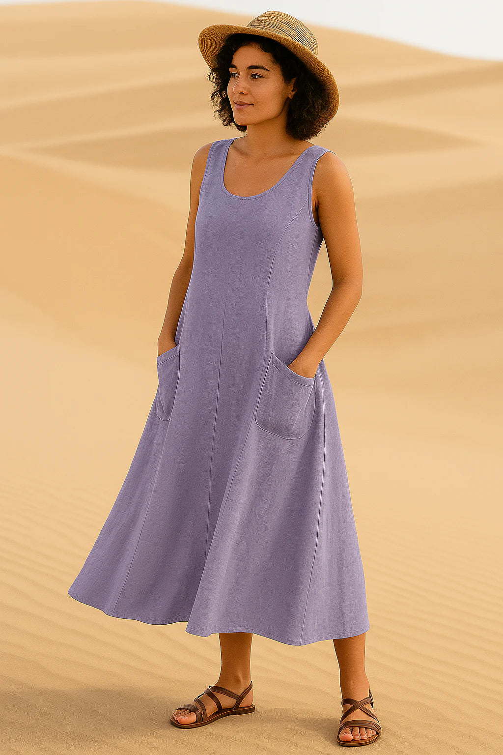 Vestido Isadora Midi sem Mangas e Bolsos Frontais