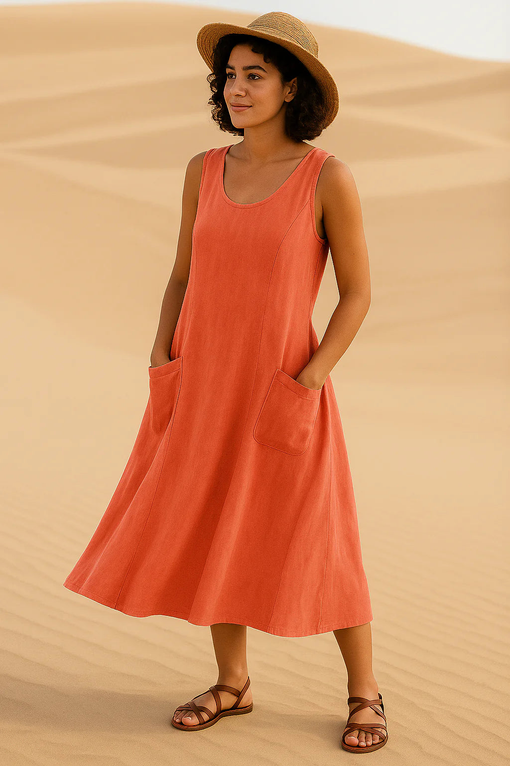 Vestido Isadora Midi sem Mangas e Bolsos Frontais