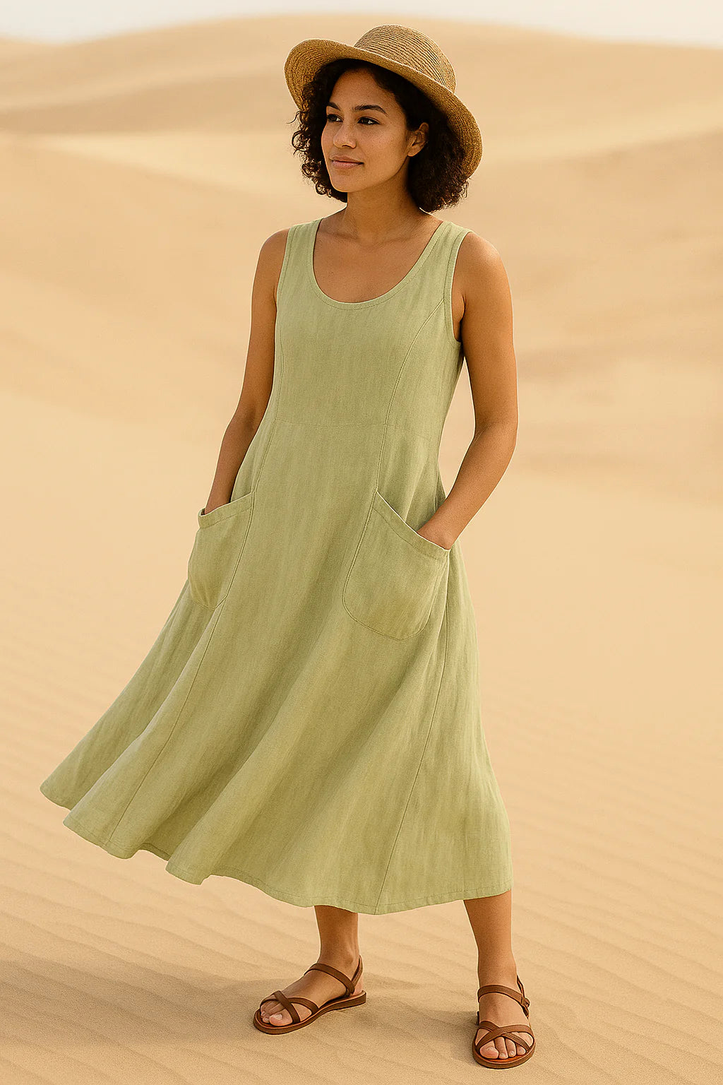 Vestido Isadora Midi sem Mangas e Bolsos Frontais
