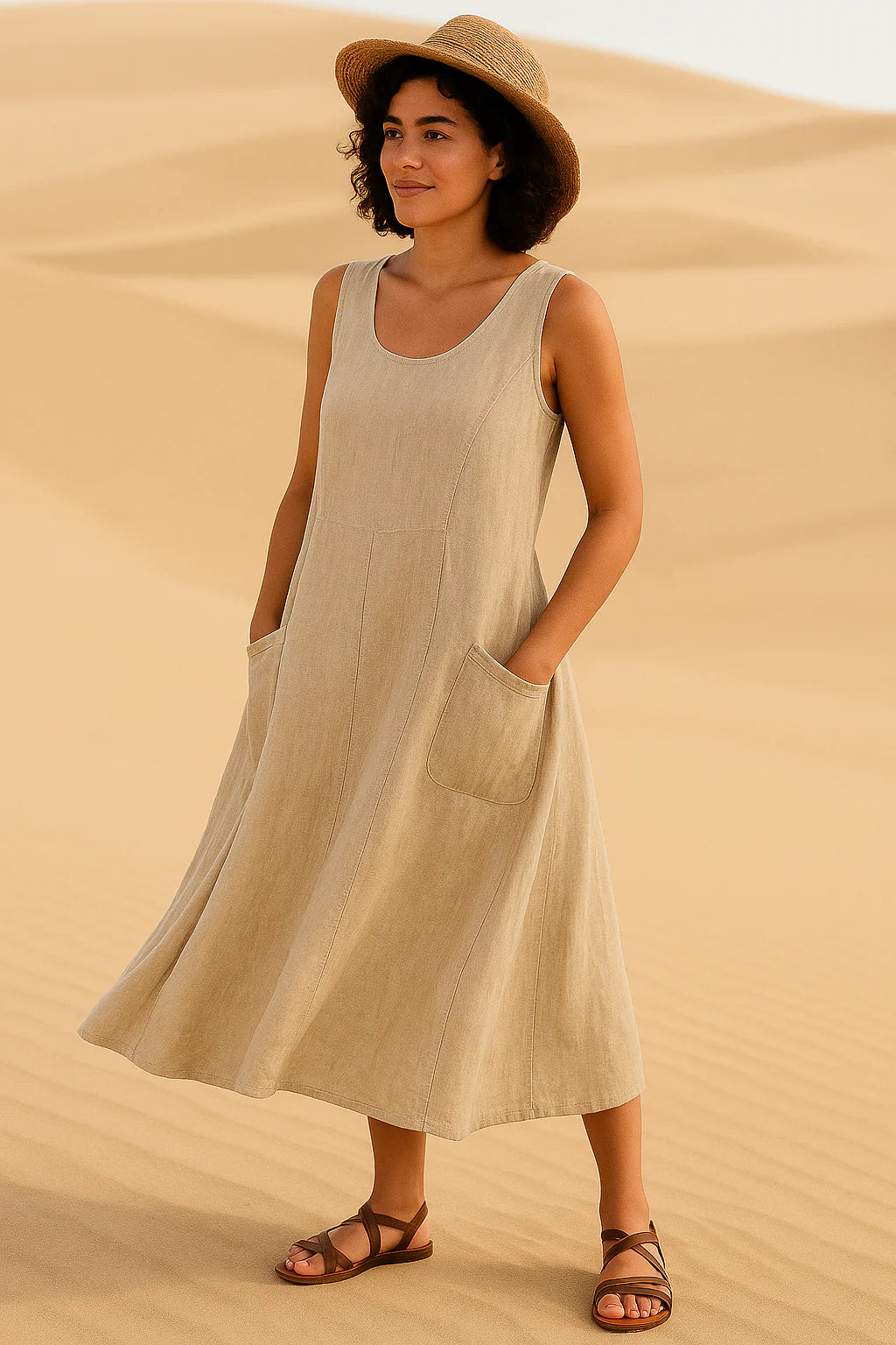 Vestido Isadora Midi sem Mangas e Bolsos Frontais