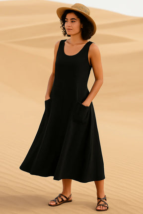Vestido Isadora  Midi sem Mangas e Bolsos Frontais